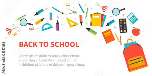 Back to school background with flying school supplies set, vector illustration. For banner, flyer, ad