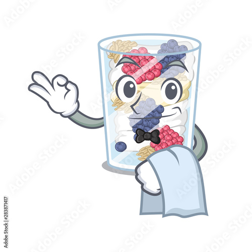 Waiter parfait above the wooden table mascot