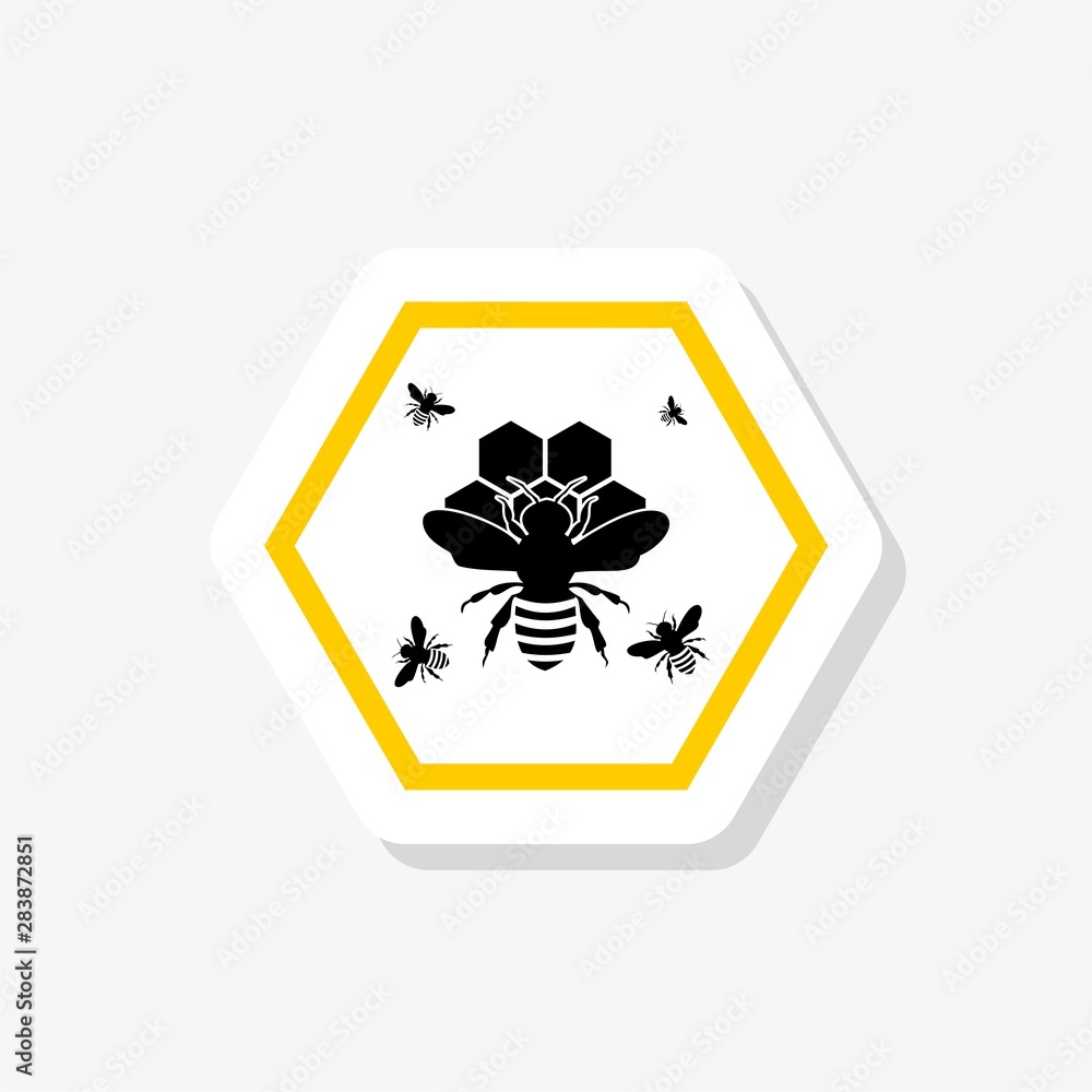 Honey comb sticker icon with bees