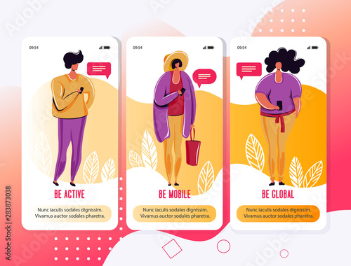 Young people, man and woman chatting on social media network with friends.Using smartphone surfing on web,addicted internet and digital gadgets.Vector illustration flat cartoon character.Mobile app.