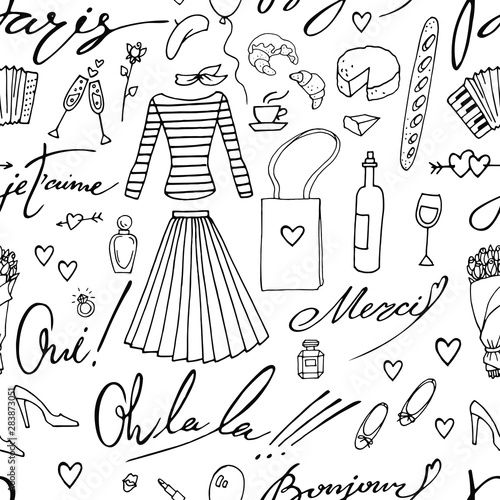 Vector seamless pattern in french style. Paris , love, happiness. Female clothes, bags, food, wine, coffee, lettering. Hand drawn , line art