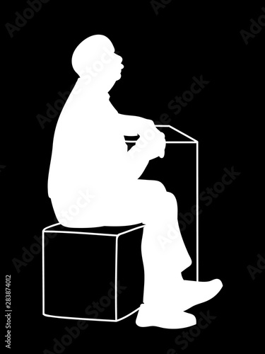Old man crossing his hands, sitting on box and leaning on table. Stencil. Vector illustration of white silhouette of old man isolated on black background. Concept. Monochromatic minimalism.