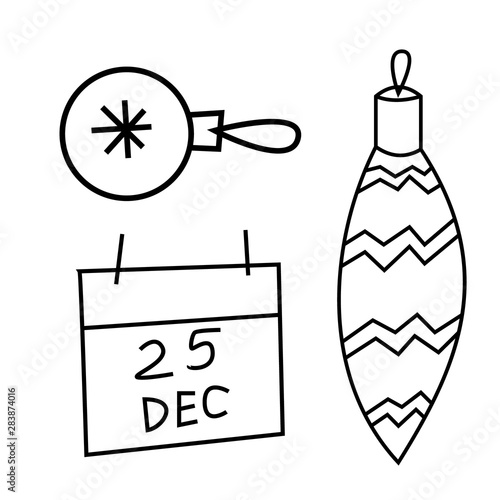 Christmas and New Year winter icons: thin monochrome icon set, black and white kit. Happy, holiday, crlrbration photo