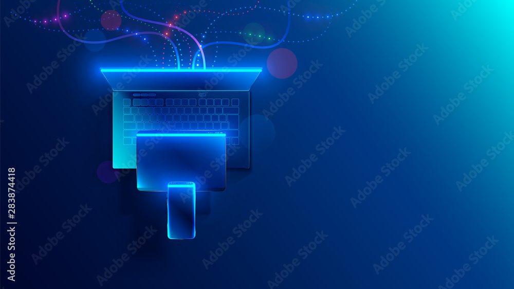 Vecteur Stock Conceptual illustration digital technology. Hanging smart  phone, tablet, laptop. Porting programs to mobile platforms. development of  cross-platform software for desktop and mobile devices. | Adobe Stock