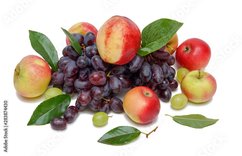 fruit grapes black peach apples green leaves isolated on white background