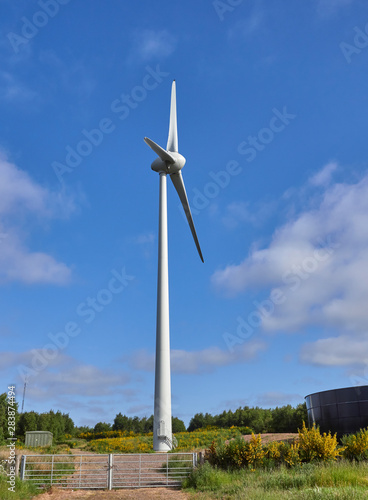 A newly built privately owned Farm Turbine above the Angus Glens at Stracathro in Angus, Scotland. photo