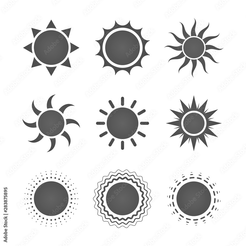 Fototapeta premium Set of nine different gray sun icons on white