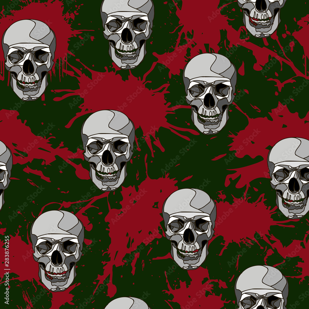 Decorative horror seamless pattern with skulls and blood splatter on green backdrop. Scary skeleton ornament.