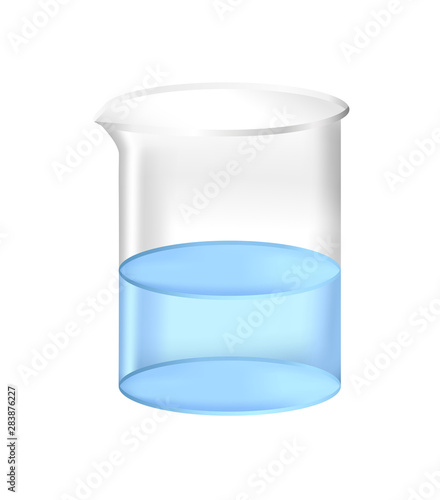 Vector realistic illustration of 3d chemical beaker with blue liquid fluid – water, solvent or chemicals. Full laboratory glassware isolated on a white background.