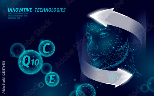 Healthy skin vitamin complex low poly sphere bubble. Health supplement female face anti-aging beauty cosmetics banner template. 3D coenzyme Q10, C, E. Medicine science vector illustration