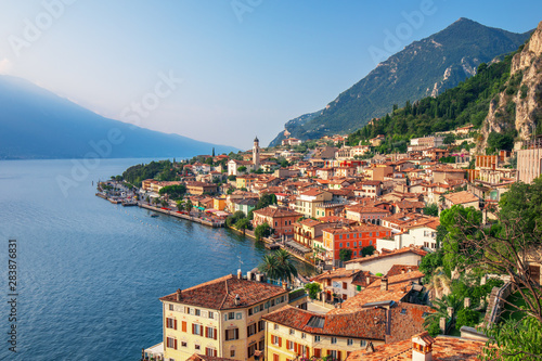 Scenic view on Lake Garda in Limone sul Garda town, famous tourist destination in Italy