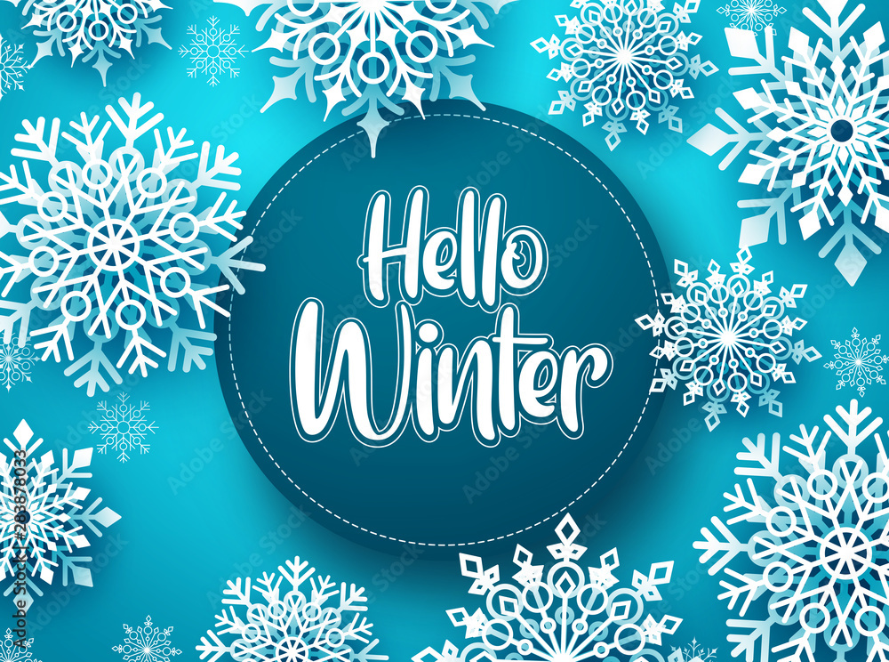 Hello winter vector greeting banner template. Snowflakes with hello winter text and space for message in blue background design. Vector Illustration.