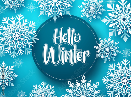 Hello winter vector greeting banner template. Snowflakes with hello winter text and space for message in blue background design. Vector Illustration.