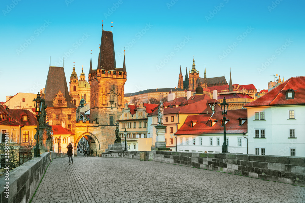 Scenic view Charles bridge and historical center of Prague, buildings and landmarks of old town at sunset, Prague, Czech Republic Scenic view Charles bridge and historical center of Prague, buildings and landmarks of old town at sunset, Prague, Czech Republic