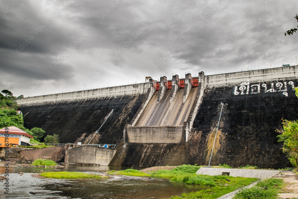 Concrete Dam. Dam wall khun Dan Prakarnchon Dam in Thailand