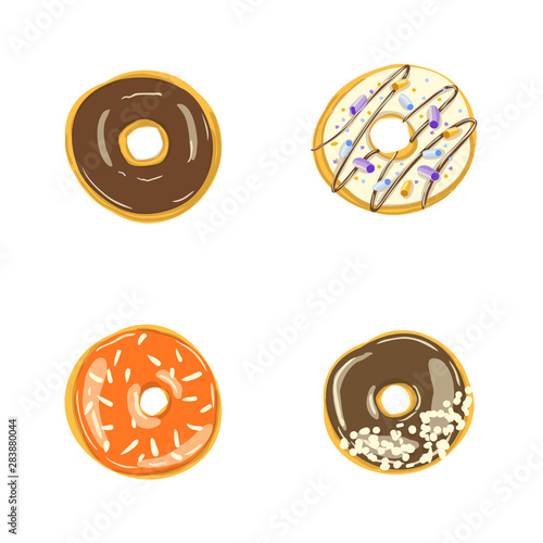 Set of four color donuts isolated. Bakery Vector illustration