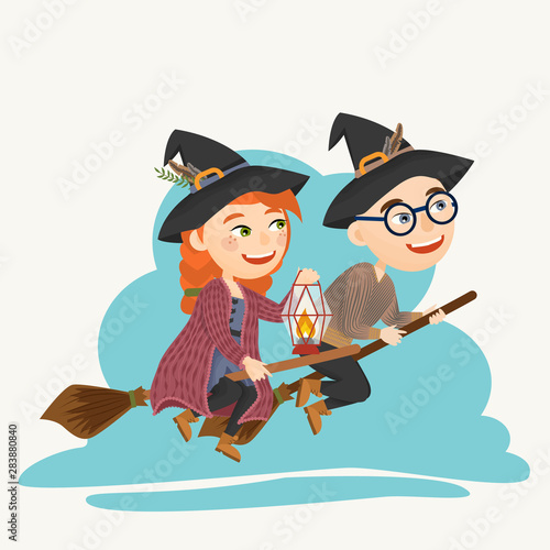 Witch and witcher fly on brooms. Cute red-haired girl a sorceress in a hat and cardigan and a boy sorcerer in a sweater and glasses. Children make magic. Vector illustration