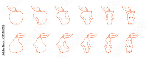 Pear and apple bite stage set. From whole to core gradual decrease. Bitten apple and eaten pear. Animation progression. Outline contour line flat vector illustration.