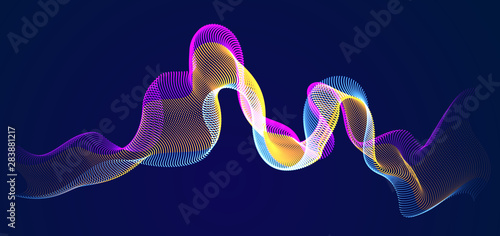 Vector abstract background with wave of flowing particles over dark, smooth curve shape lines, particle array flow. 3d shape glowing dots blended mesh, technology relaxing wallpaper.