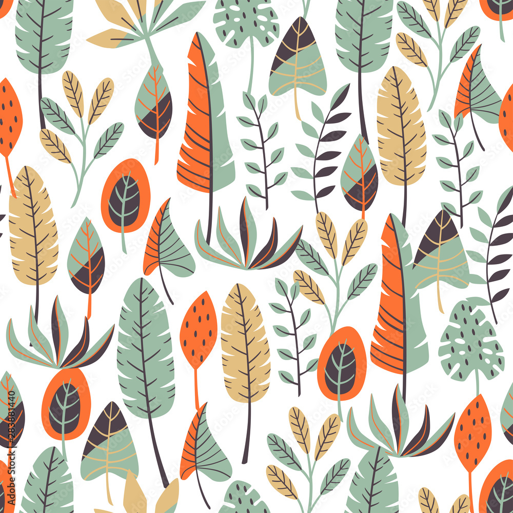 Fototapeta premium Exotic Jungle Plants Seamless Pattern on White Background.