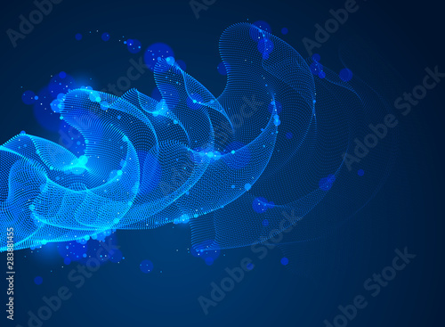 Wave of flowing particles over dark abstract vector magic background, smooth curvy shape dots transparent tulle textile on wind. 3d shape dots blended mesh, relaxing wallpaper.