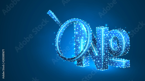 Magnifying glass Analysis of Numero sign, typographic abbreviation of the word number. No, nos symbol concept. Abstract, digital, wireframe, low poly mesh, vector blue neon 3d illustration. Line, dot