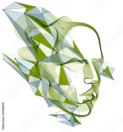 Dotted particles human portrait, abstract human head vector wave shapes array, Artificial Intelligence, pc programming software interface, digital soul.