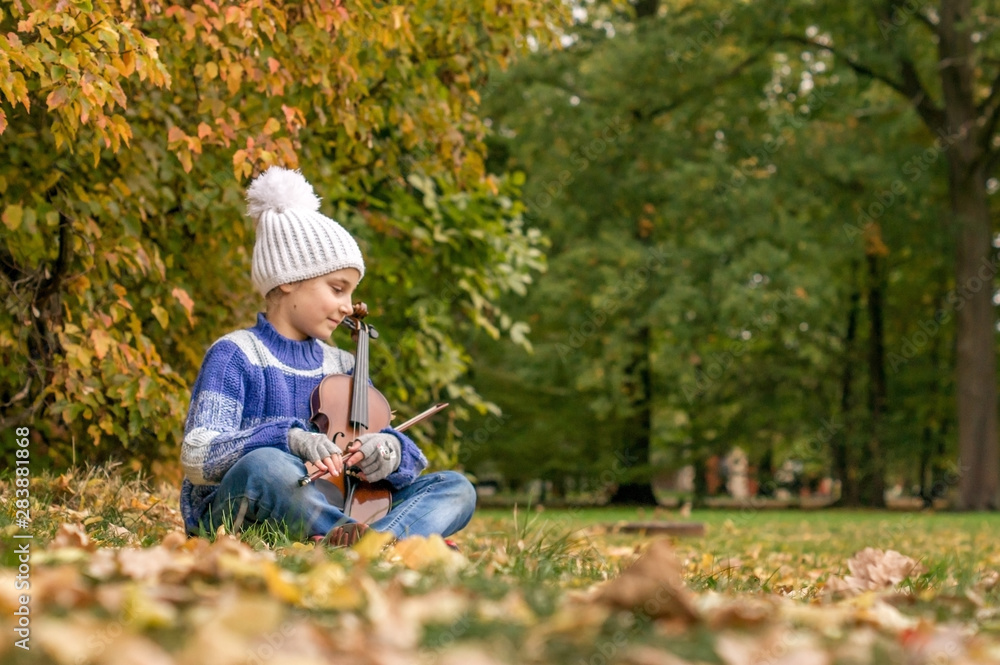Child girl with a violin in the autumn Park Child girl with a violin in the autumn Park