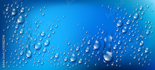 Water drops in shower or pool, condensate or rain droplets realistic transparent vector illustration, easy to put over any background or use droplets separately.