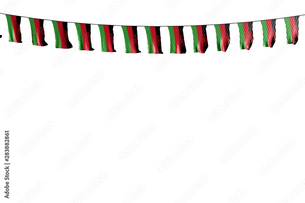 pretty anthem day flag 3d illustration. - many Malawi flags or banners hanging on string isolated on white pretty anthem day flag 3d illustration. - many Malawi flags or banners hanging on string isolated on white