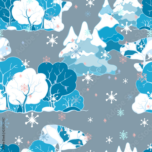 Vector seamless pattern of Christmas trees and deciduous trees in winter snow. Christmas background.