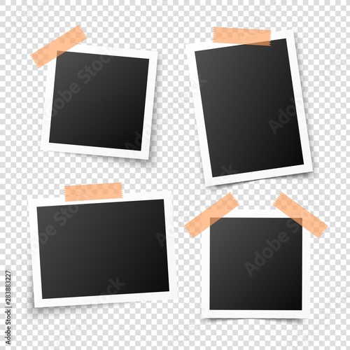 Vintage photo frames. Retro realistic photos for digital scrapbook album. Old empty pictures with shadow and transparent stickers. Blank images for memory travel book