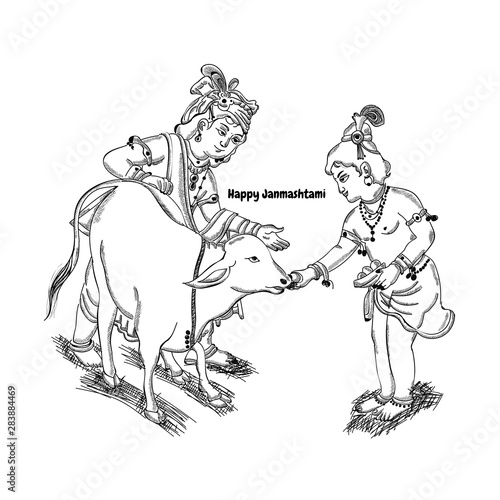 Happy Janmashtami festival holiday - Lord Krishna giving food to cow for eat with his brother Balarama , Hand Drawn Sketch Vector illustration.