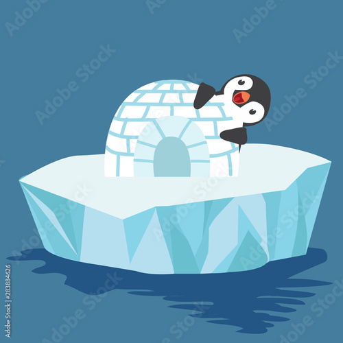 Cute penguin with igloo ice house