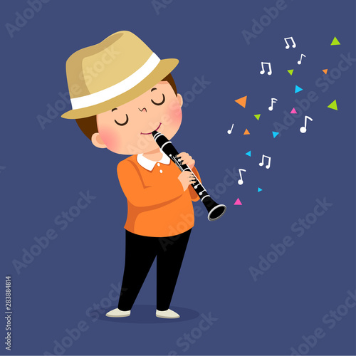 Vector illustration of little boy playing the clarinet on blue background.