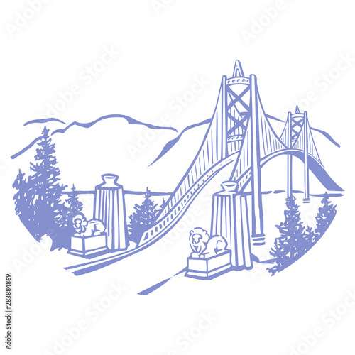 Lions Gate bridge with two lying lion statues & the towers leading over to a mountain range