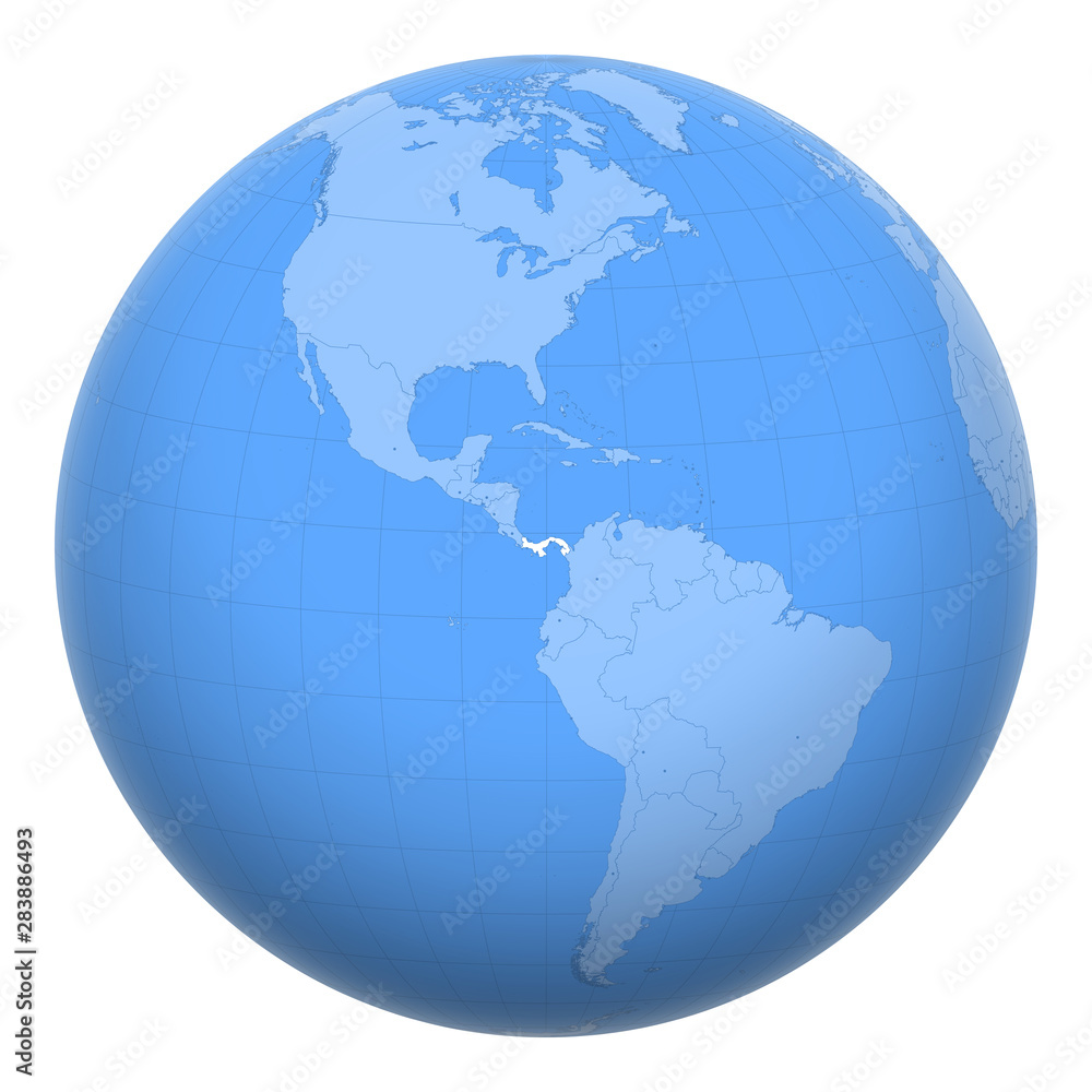 Panama on the globe. Earth centered at the location of the Republic of Panama. Map of Panama. Includes layer with capital cities.