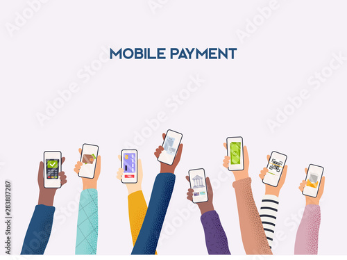 Hands holding phones with differed type of payment. Flat design vector illustration concepts of online payment methods. Internet banking, online purchasing and transaction, electronic funds transfers.
