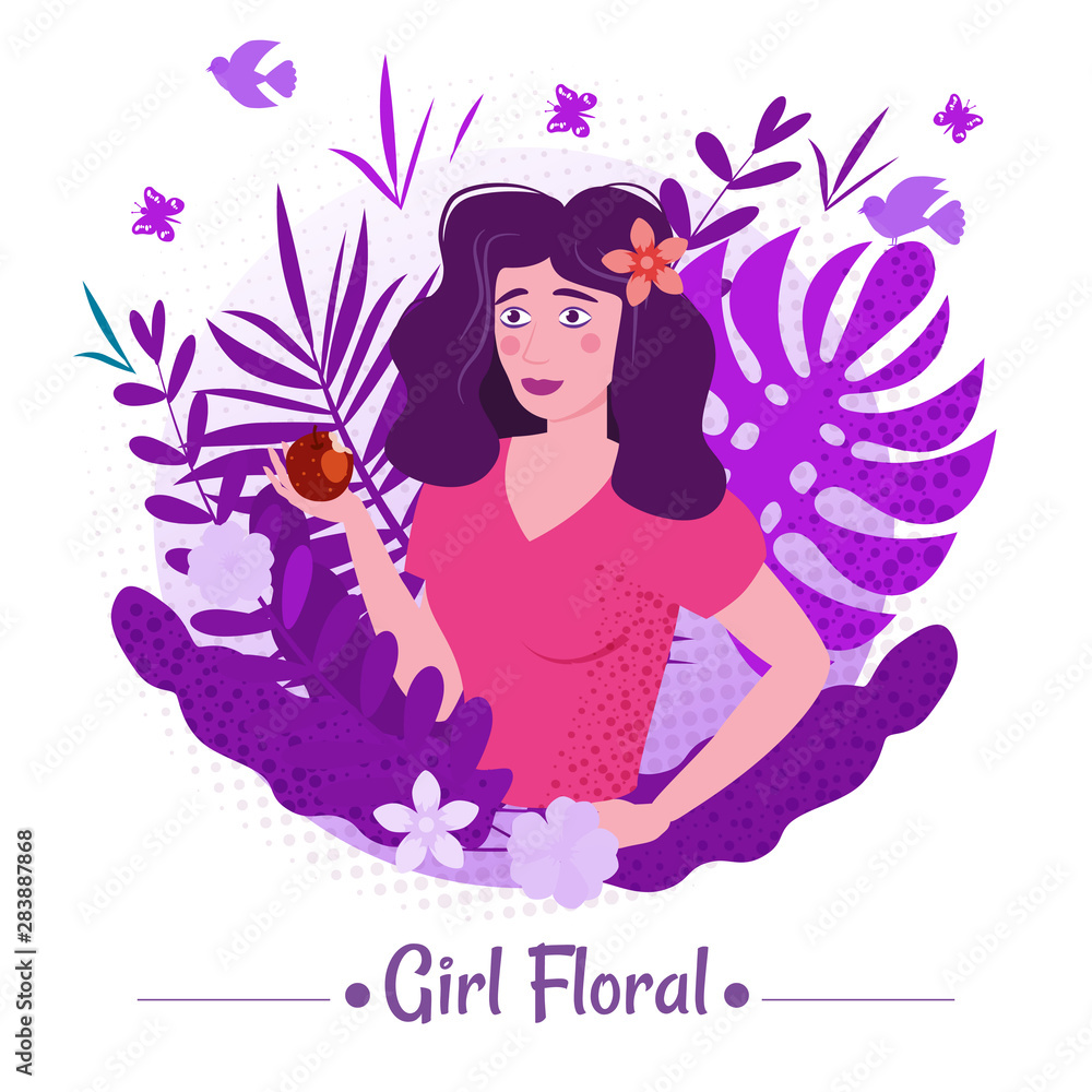 Obraz premium Cute girl with long romantic hair with apple among the leaves and flowers of exotic plants in a T-shirt