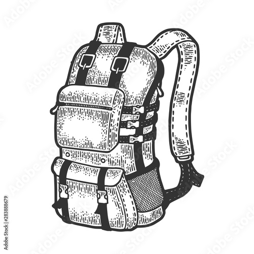 Tourist backpack sketch engraving vector illustration. Scratch board style imitation. Black and white hand drawn image.