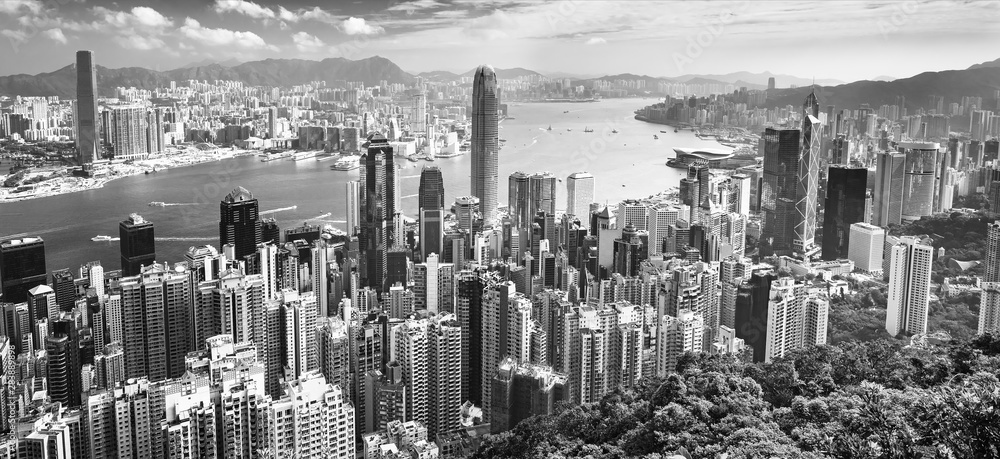 Amazing Hong Kong city skyline from Victoria peak at sunrise, China