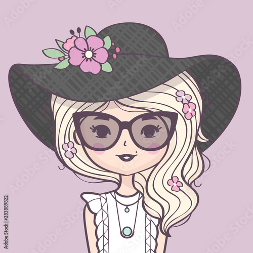 Beautiful cute blond girl portrait in a straw hat. Fashion girl with beautiful long hair, hat, sunglasses and flowers. Vector illustration 