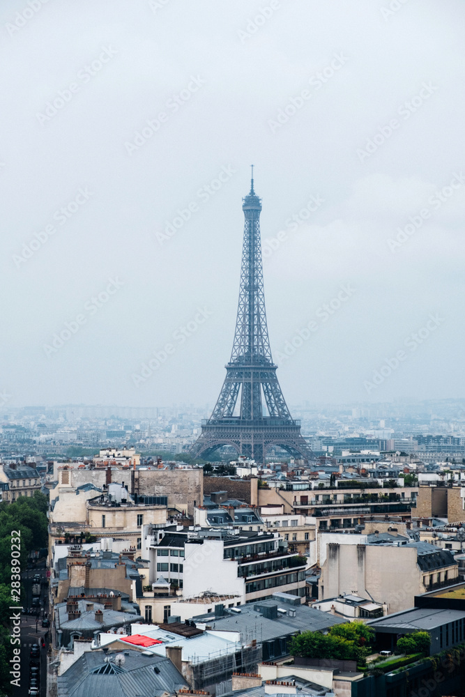 Beautiful view of Paris in a foggy day. Eiffel Tower and rooftops