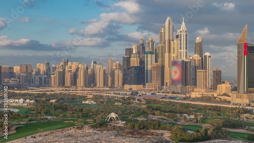 Dubai Marina skyscrapers and golf course morning timelapse, Dubai, United Arab Emirates