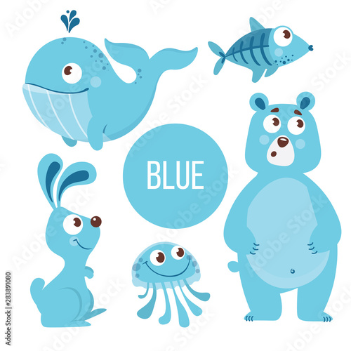 Blue Animals. Cute Characters for education card. Childish Stickers