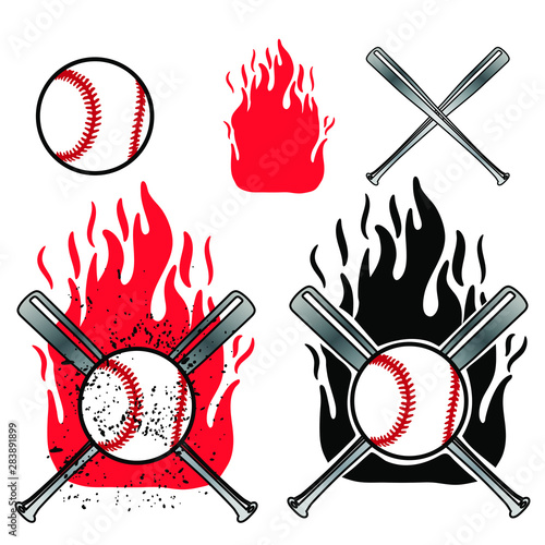 Baseball ball front and cross baseball bat on flame background Fototapeta