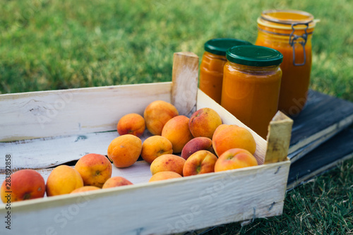 apricot jam in wooden crate outdoor