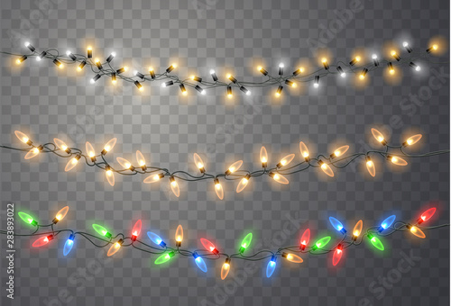 Christmas lights set. Vector New Year decorate garland with glowing light bulbs.
