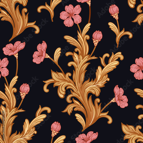 Seamless pattern with flowers and baroque decor elements.
