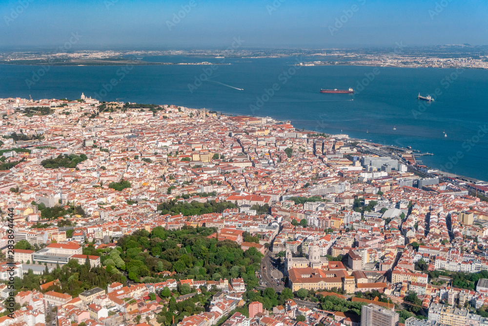 Aerial view of Alfama and Tagus river in Lisbon, Portugal